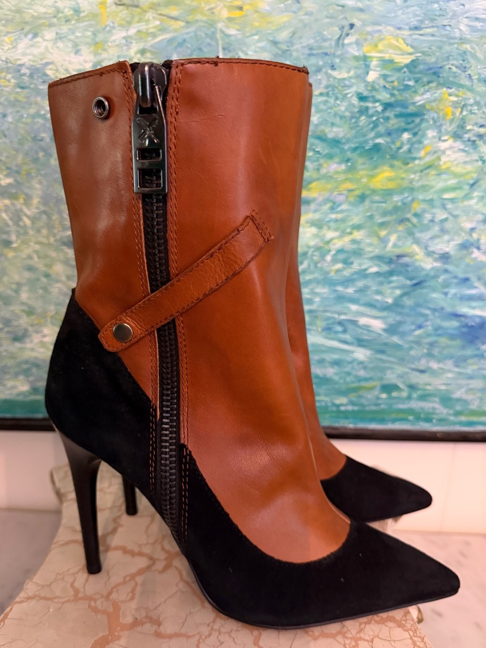 Women's Two-Tone Brown and Black Leather Ankle Boots